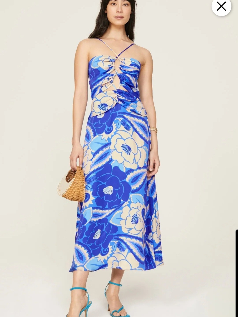 FARM Rio Blue and Cream Floral Cutout Midi Dress - Size L